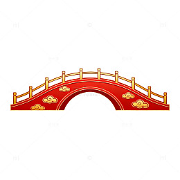 卡通风中式拱桥红色祥云设计素材