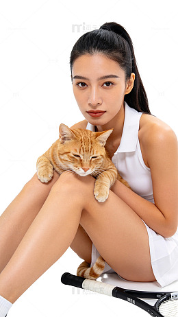 清新风少女与猫咪网球写真素材