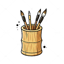 卡通风画笔木桶毛笔手绘绘画工具设计素材