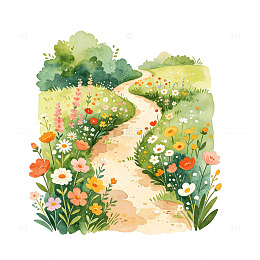 水彩风花园小径花卉插画设计素材