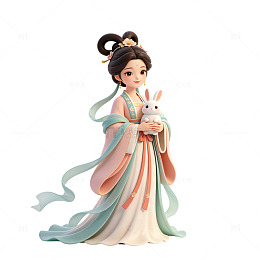 国风古装女子抱兔手办设计素材