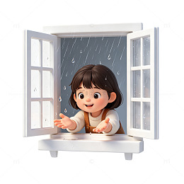 卡通风小女孩窗边看雨插画设计素材