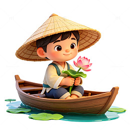 卡通风小男孩划船荷花手绘设计素材