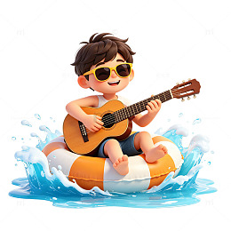 卡通风夏日男孩弹吉他漂浮素材
