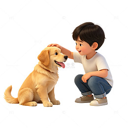 卡通风格男孩与金毛犬互动插画素材