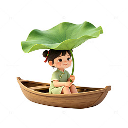 卡通风荷塘少女划船手绘插画设计素材