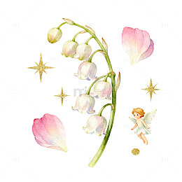 水彩风铃兰小精灵手绘花卉设计素材