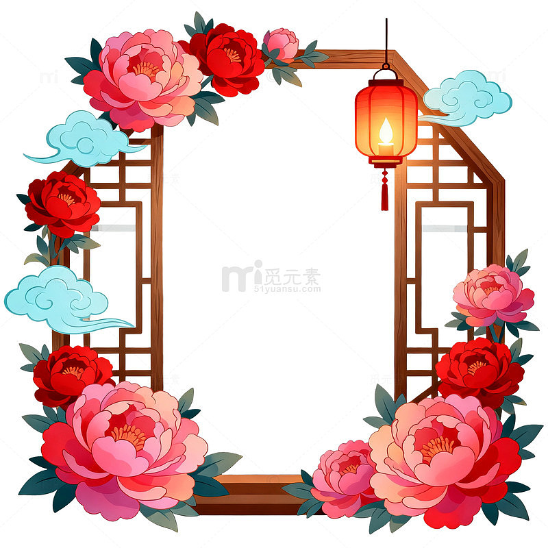 国风中式花窗牡丹灯笼设计素材