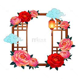 国风花窗玫瑰灯饰插画设计素材