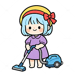 卡通风小女孩打扫卫生矢量可爱免扣素材