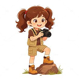 卡通风小女孩拍照户外探险免扣人物素材