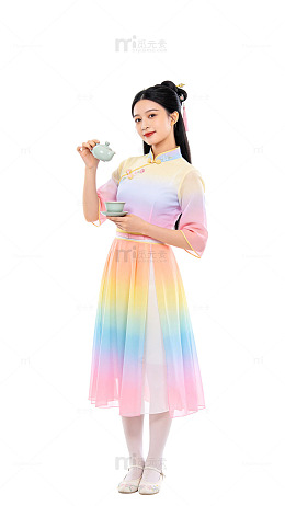 国风彩虹色旗袍少女茶艺设计素材
