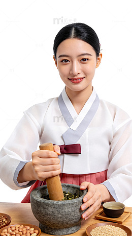 韩式传统服饰女子研磨食材摄影素材