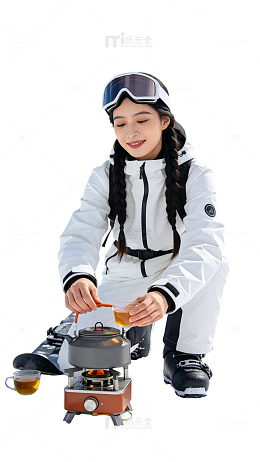 写实风滑雪女孩煮茶场景设计素材