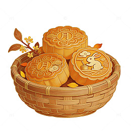 竹编篮盛放玉兔纹桂花月饼元素