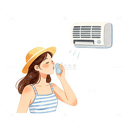 插画风夏日清凉女孩吹空调设计素材