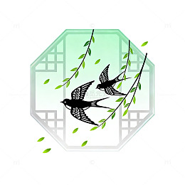 国风简约燕子柳枝窗格插画设计素材