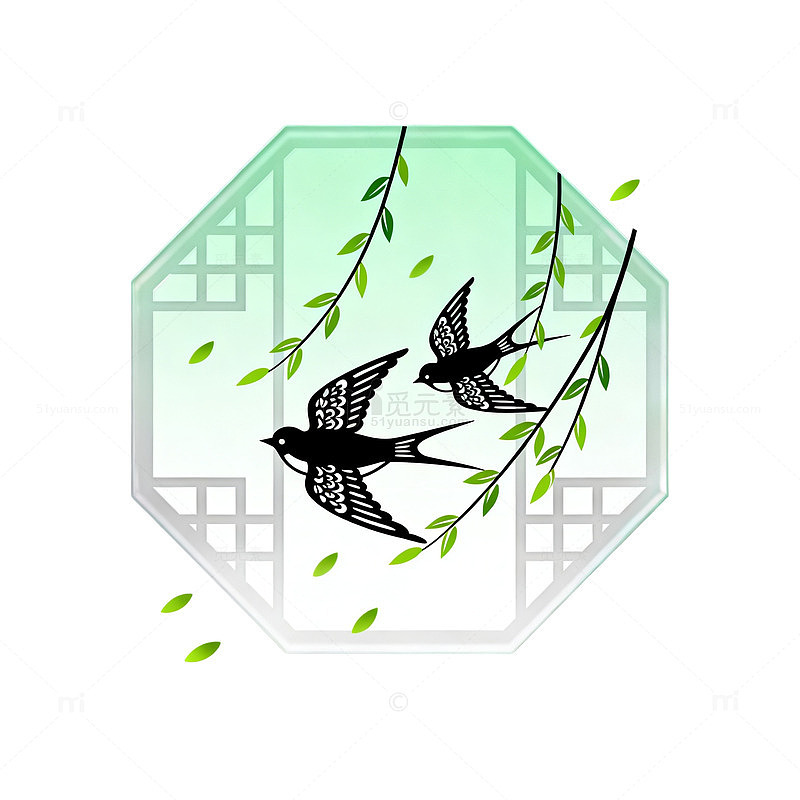 国风简约燕子柳枝窗格插画设计素材