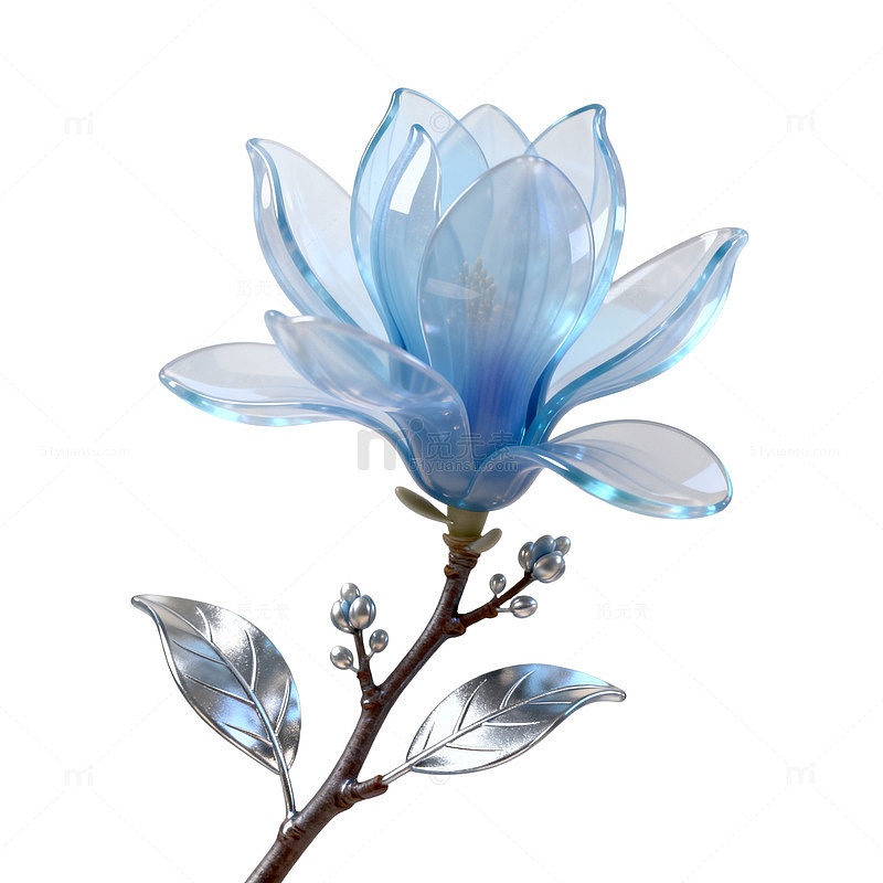 透明质感蓝色玉兰花枝设计素材