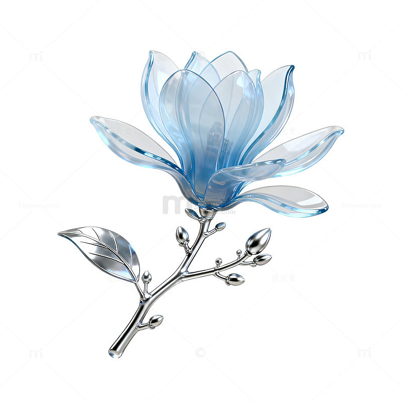 水彩风蓝色玉兰花枝手绘设计素材