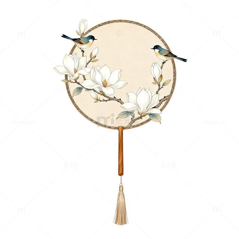 国风手绘花鸟团扇设计素材