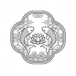 黑白线描双鱼莲花纹样设计素材