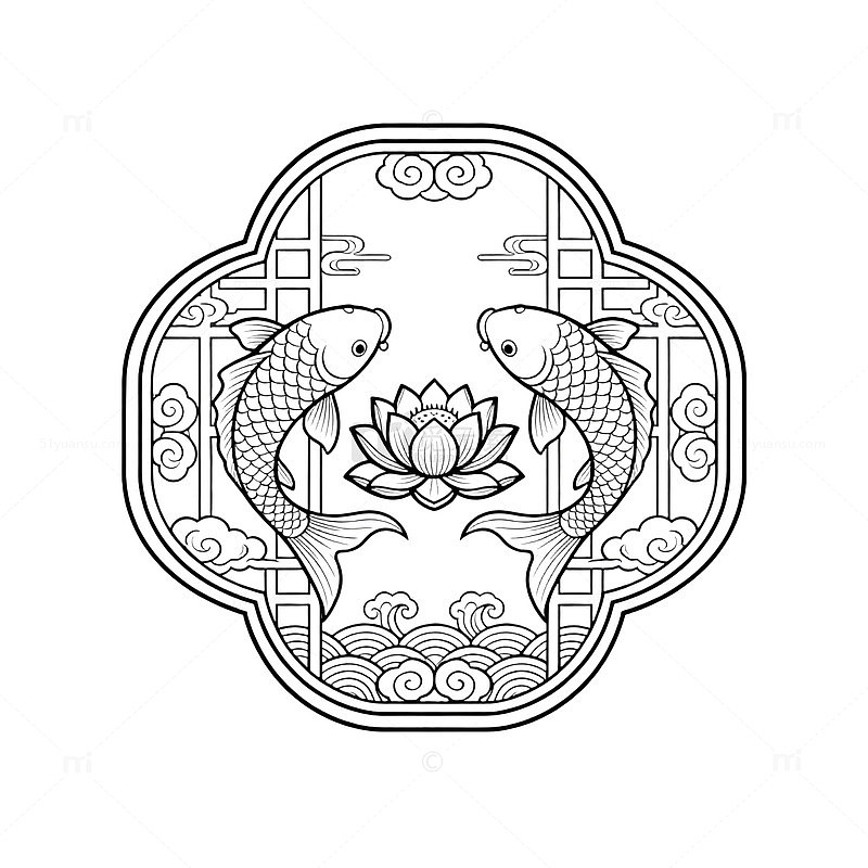 黑白线描双鱼莲花纹样设计素材