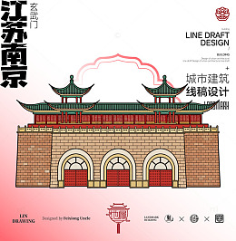 南京城市地标矢量建筑线描玄武门
