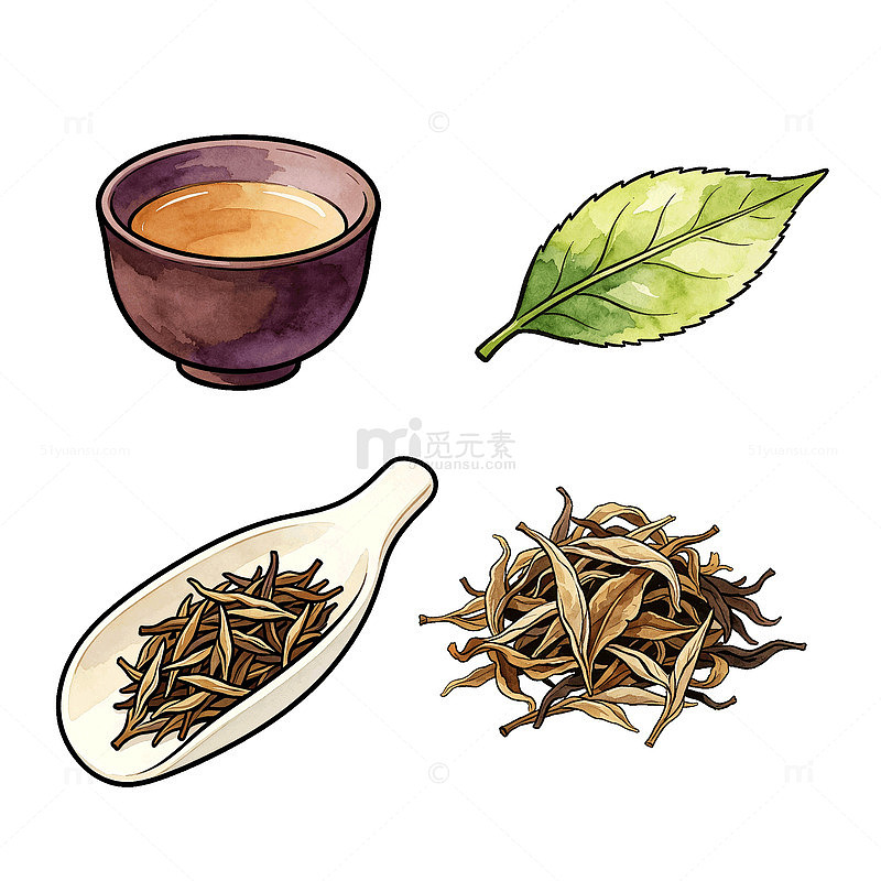水彩风茶文化手绘茶叶茶杯设计素材