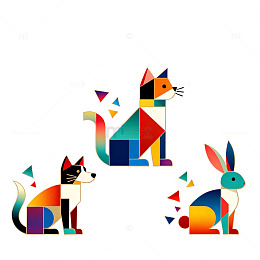 几何风猫咪兔子拼贴设计素材