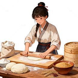 国风古装女子擀面手绘插画设计素材