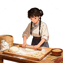 国风插画少女擀面手绘美食设计素材