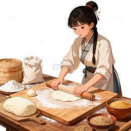 国风水墨风传统面点制作手绘插画素材