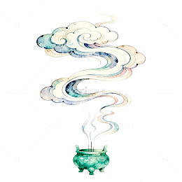 水彩风香炉烟云手绘设计素材