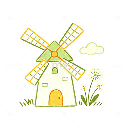 卡通风田园风车小屋插画设计素材