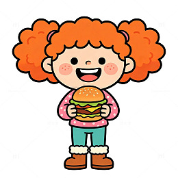 卡通风小女孩手持汉堡插画免扣设计素材