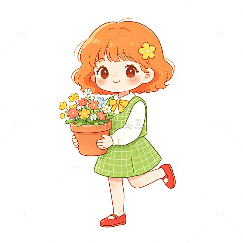 卡通风小女孩捧花盆手绘插画免扣设计素材