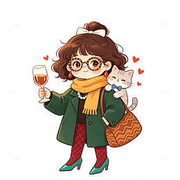 卡通风女孩持酒杯手绘猫咪设计免扣素材