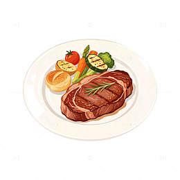 插画风西餐牛排配蔬菜设计素材