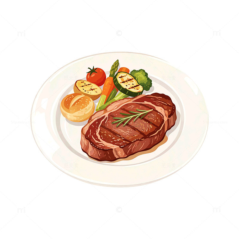 插画风西餐牛排配蔬菜设计素材