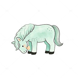 手绘风青色小马卡通插画设计素材