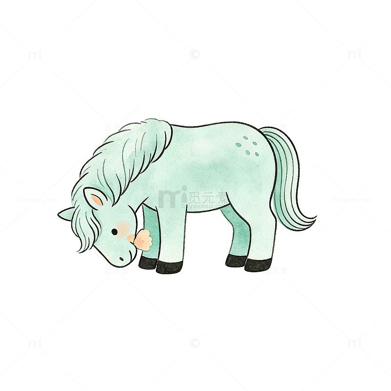 手绘风青色小马卡通插画设计素材
