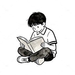 黑白线条男孩阅读手绘插画素材