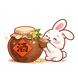 卡通风中秋兔子喝酒陶罐设计素材