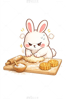 卡通风兔子做月饼手绘插画设计素材