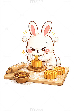 认真兔子做月饼手绘设计素材