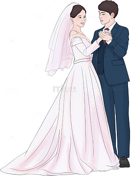 卡通新人，手绘婚纱照，婚礼插画，新娘婚纱