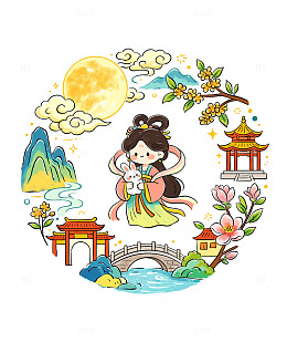 中秋节国风插画嫦娥赏月亮祥云桂花手绘元素