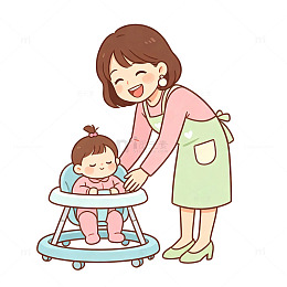 卡通风母亲照顾婴儿学步车免扣设计素材