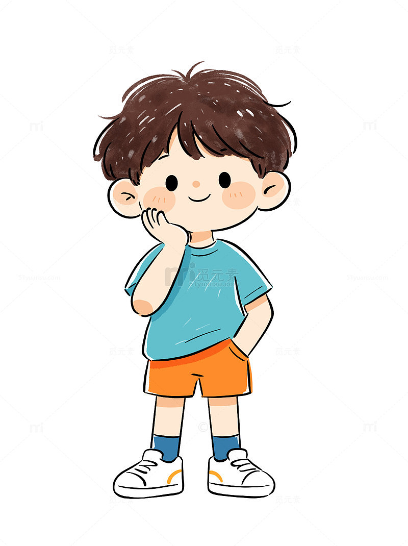 卡通风男孩思考姿态儿童小学生插画设计素材